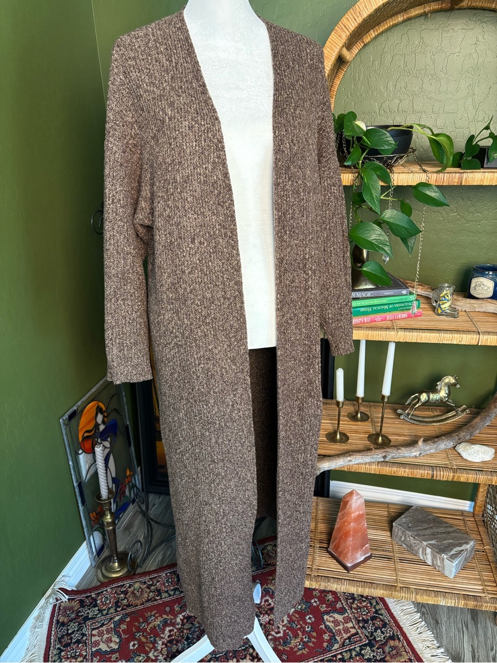 For The Republic Knit Long Duster Open-Front Cardigan Sweater in Marbled Brown